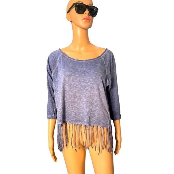 Blue fringe oversized distressed boho 3/4 sleeve top size large - Picture 1 of 10